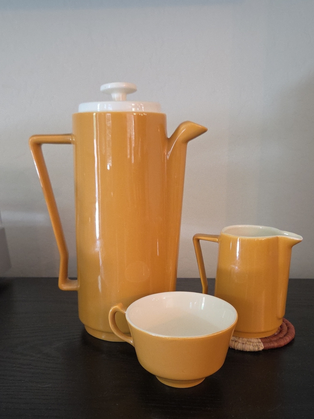 Homer Laughlin Ceramic Coffee Set in Mustard Yellow - Coffee Pot, Creamer & Cup